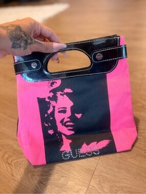 Rare Vintage GUESS Pink Canvas Mini Tote with Black Patent Trim